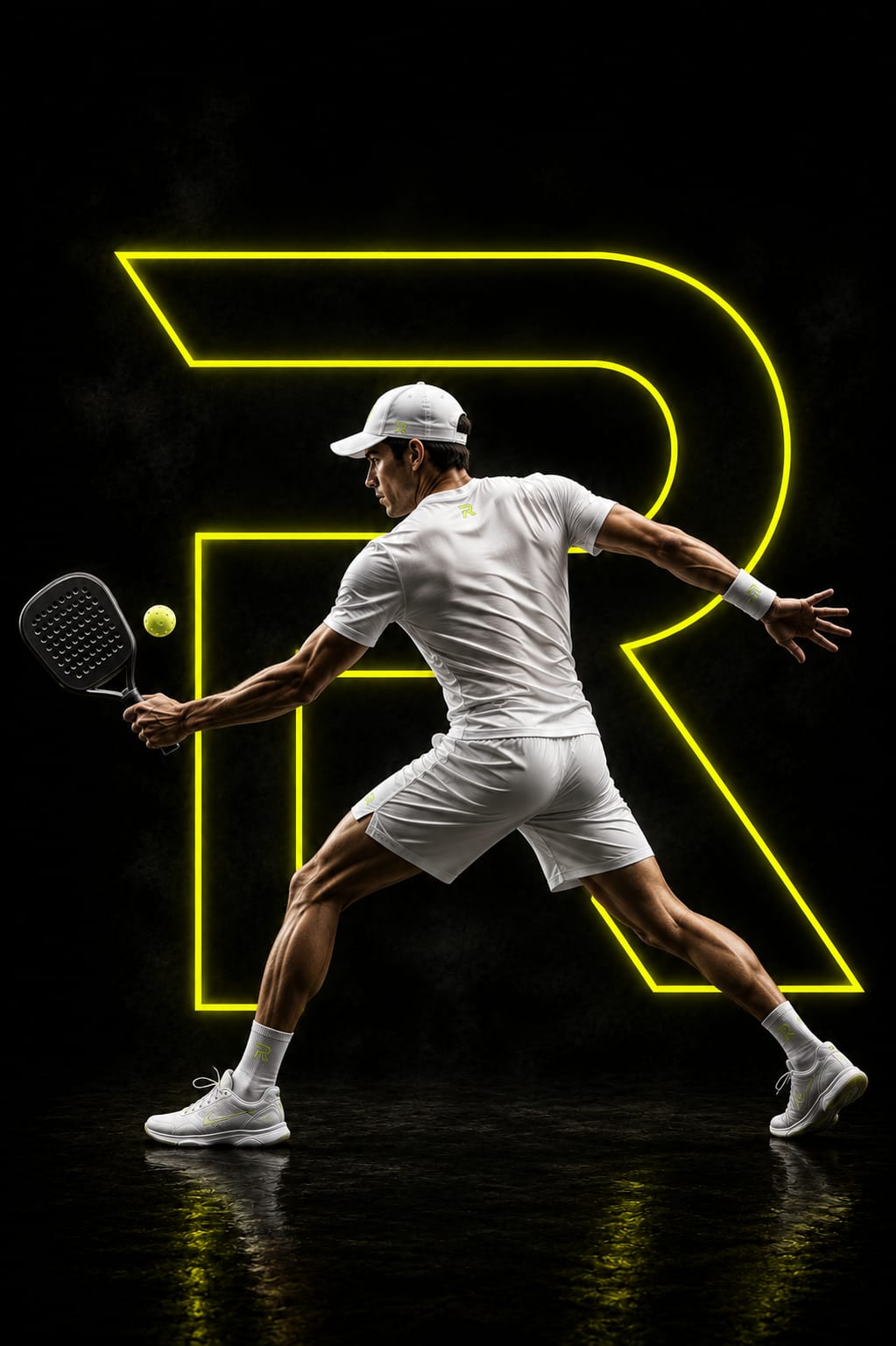 Padel player mid-swing, RAQPLAY neon logo
